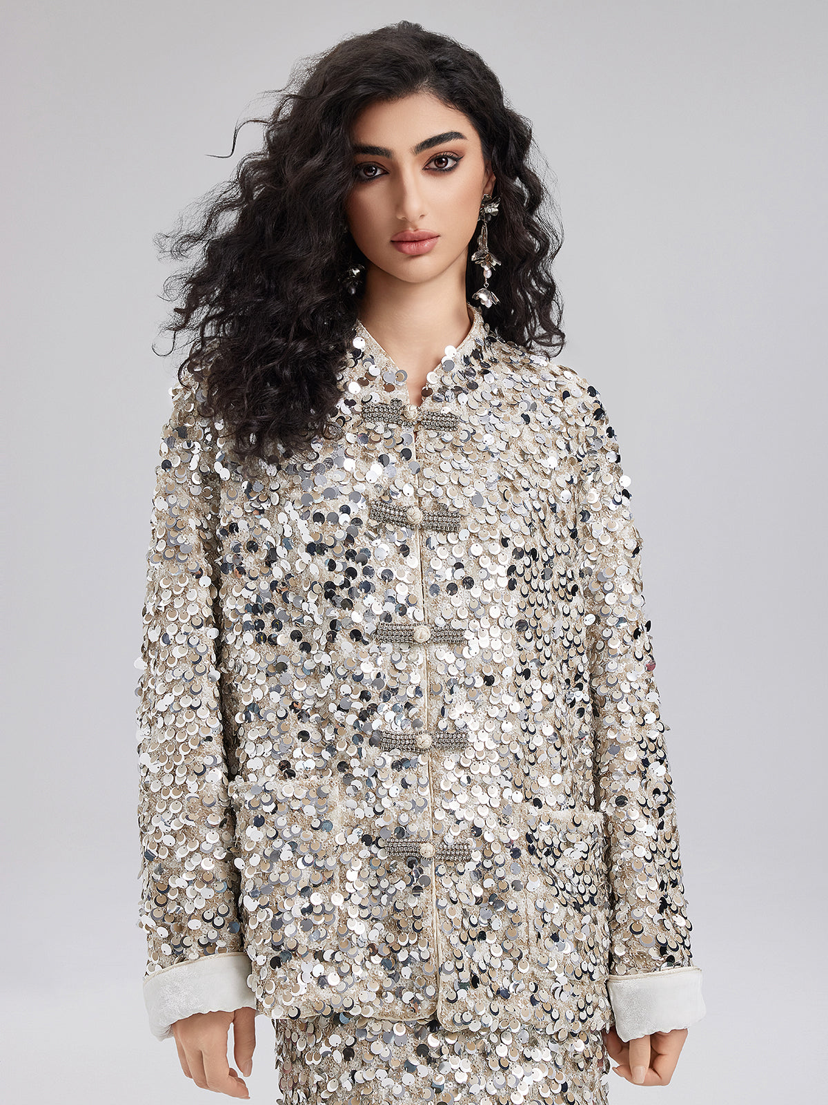 Sequin-Embellished Beaded Button Jacket