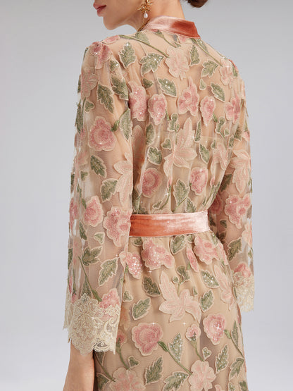 Appliqué Floral Lace Trim Velvet Dress (Belt Included)