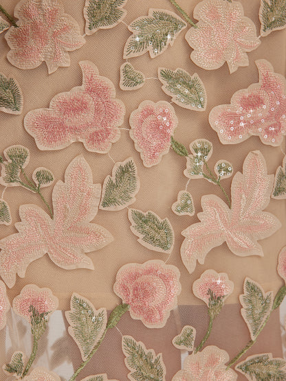 Appliqué Floral Lace Trim Velvet Dress (Belt Included)