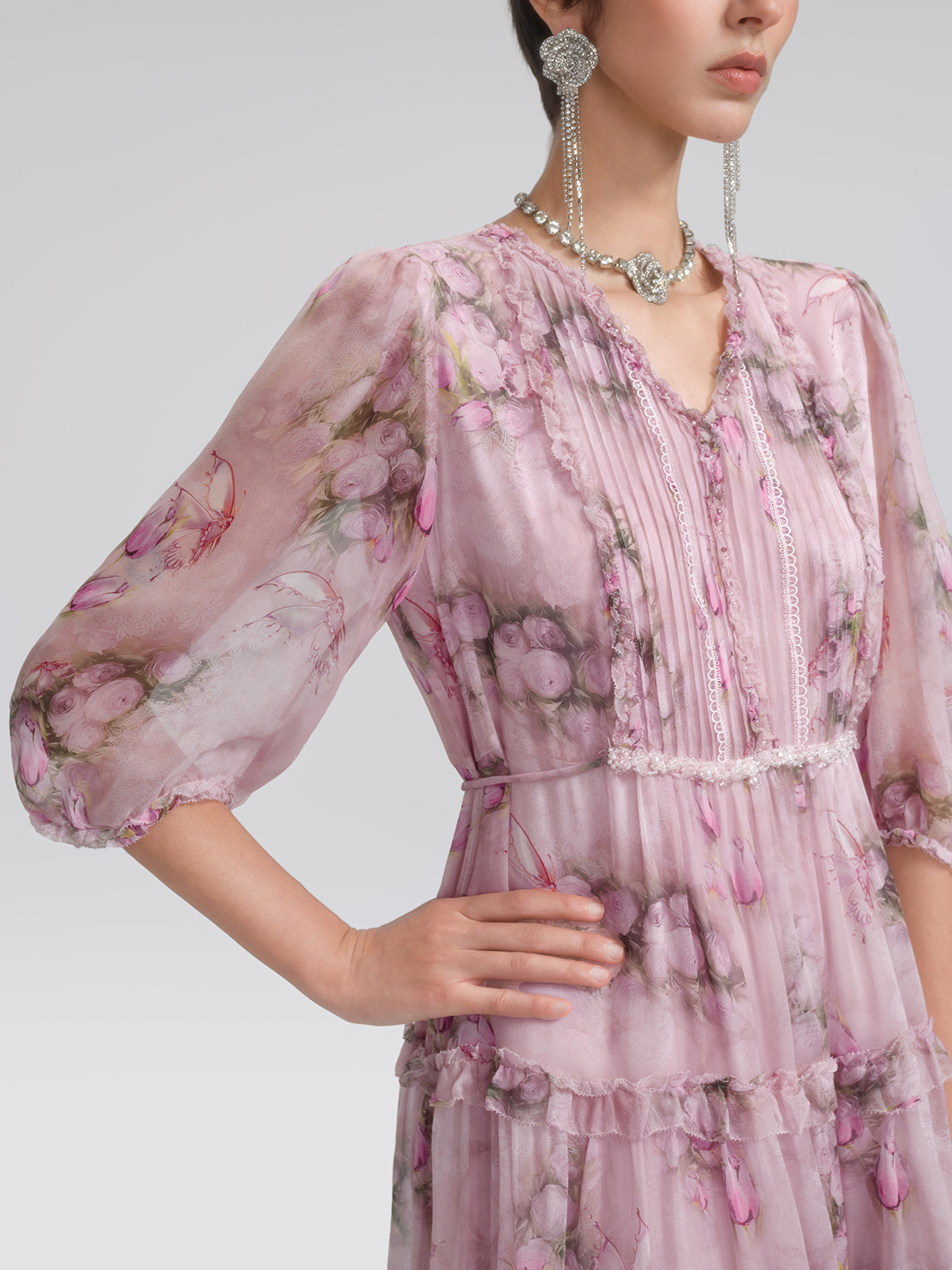 Accordion Pleated Silk Rose Print Dress