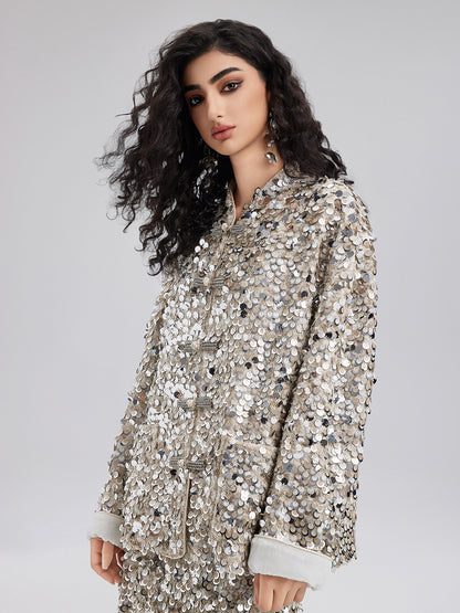 Sequin-Embellished Beaded Button Jacket