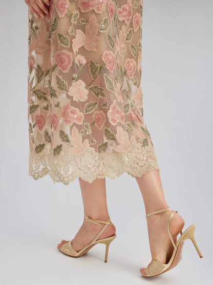 Appliqué Floral Lace Trim Velvet Dress (Belt Included)