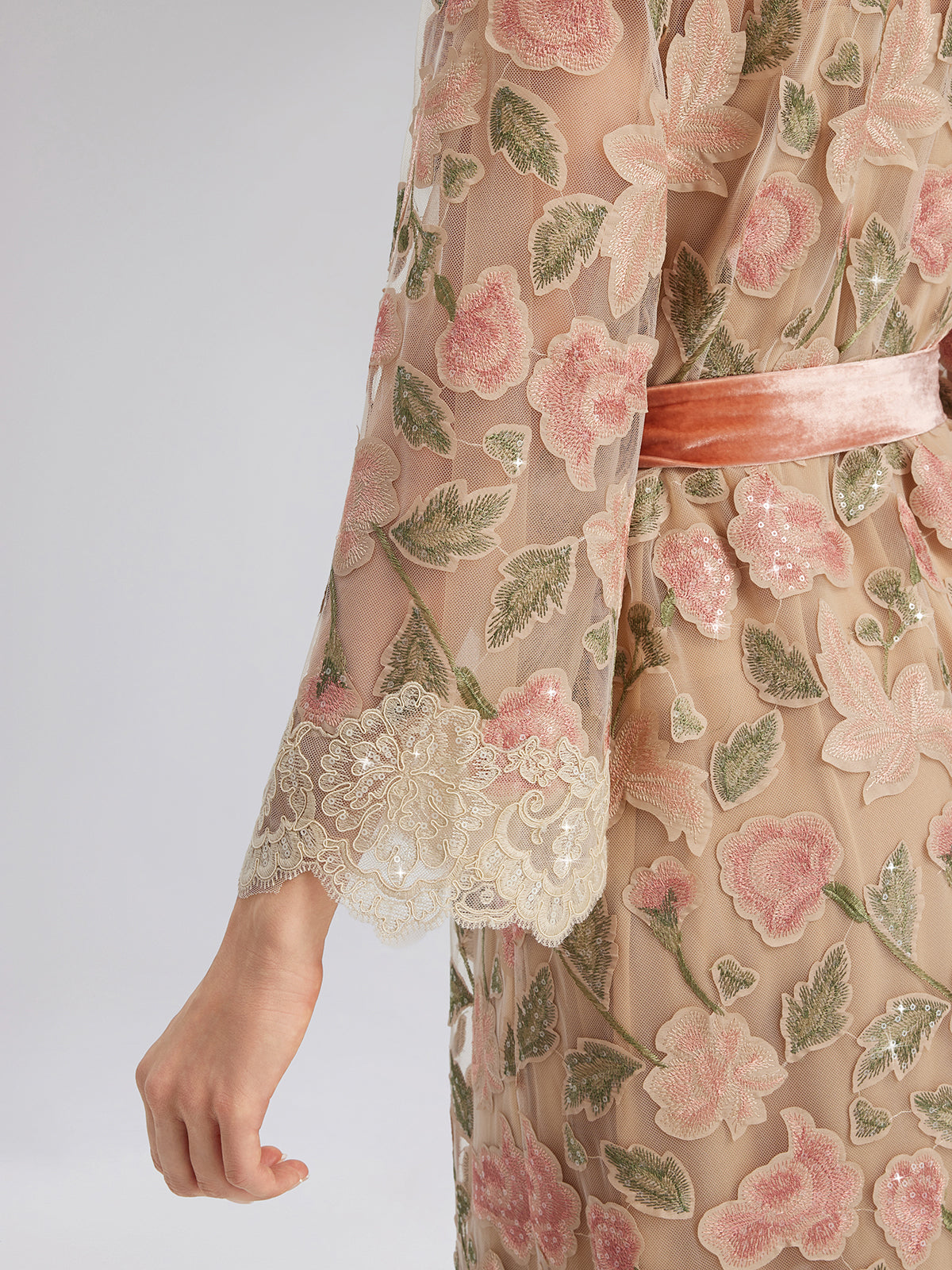 Appliqué Floral Lace Trim Velvet Dress (Belt Included)