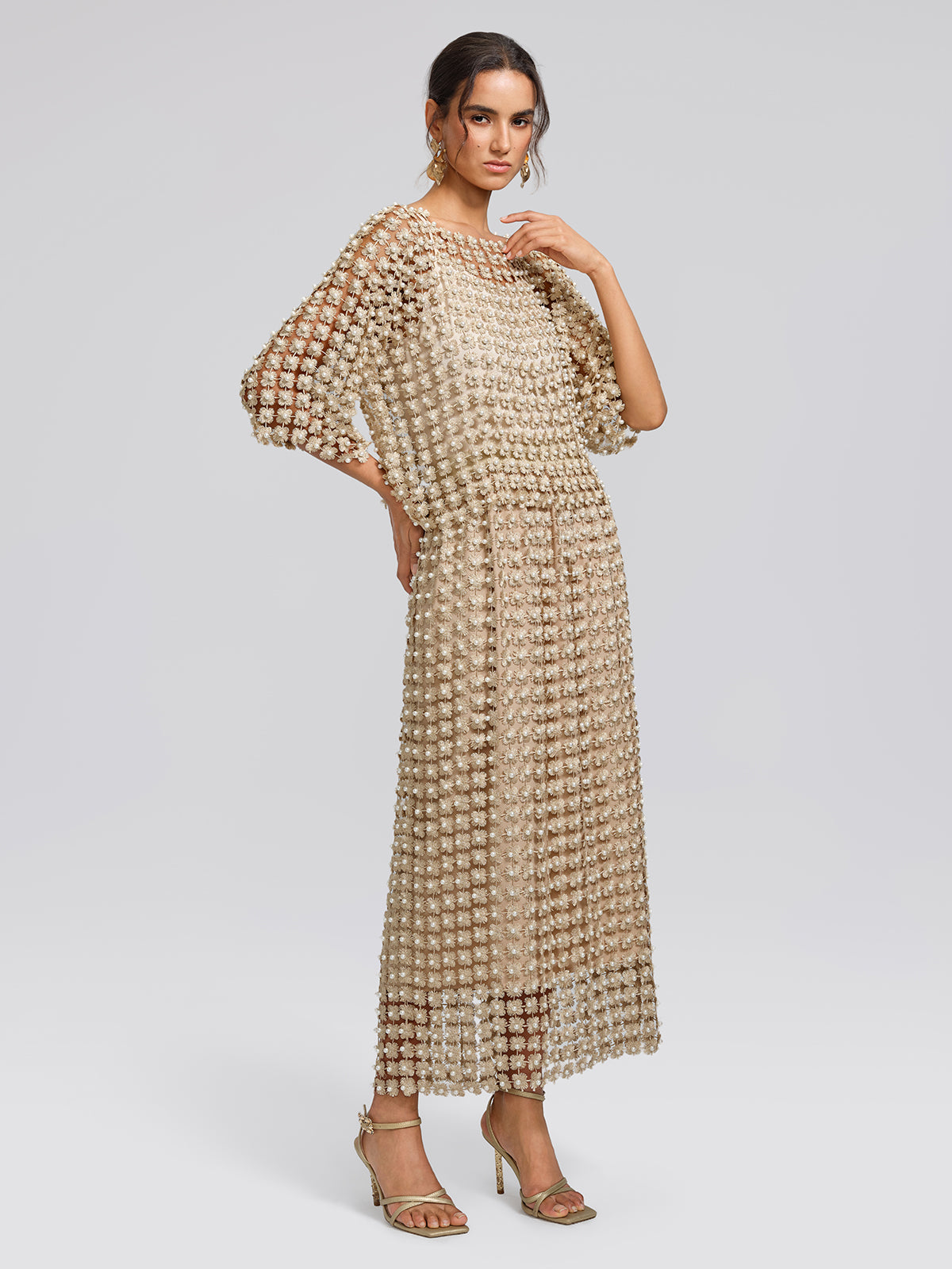 Floral Pearl-Embellished Elastic-Waist Skirt