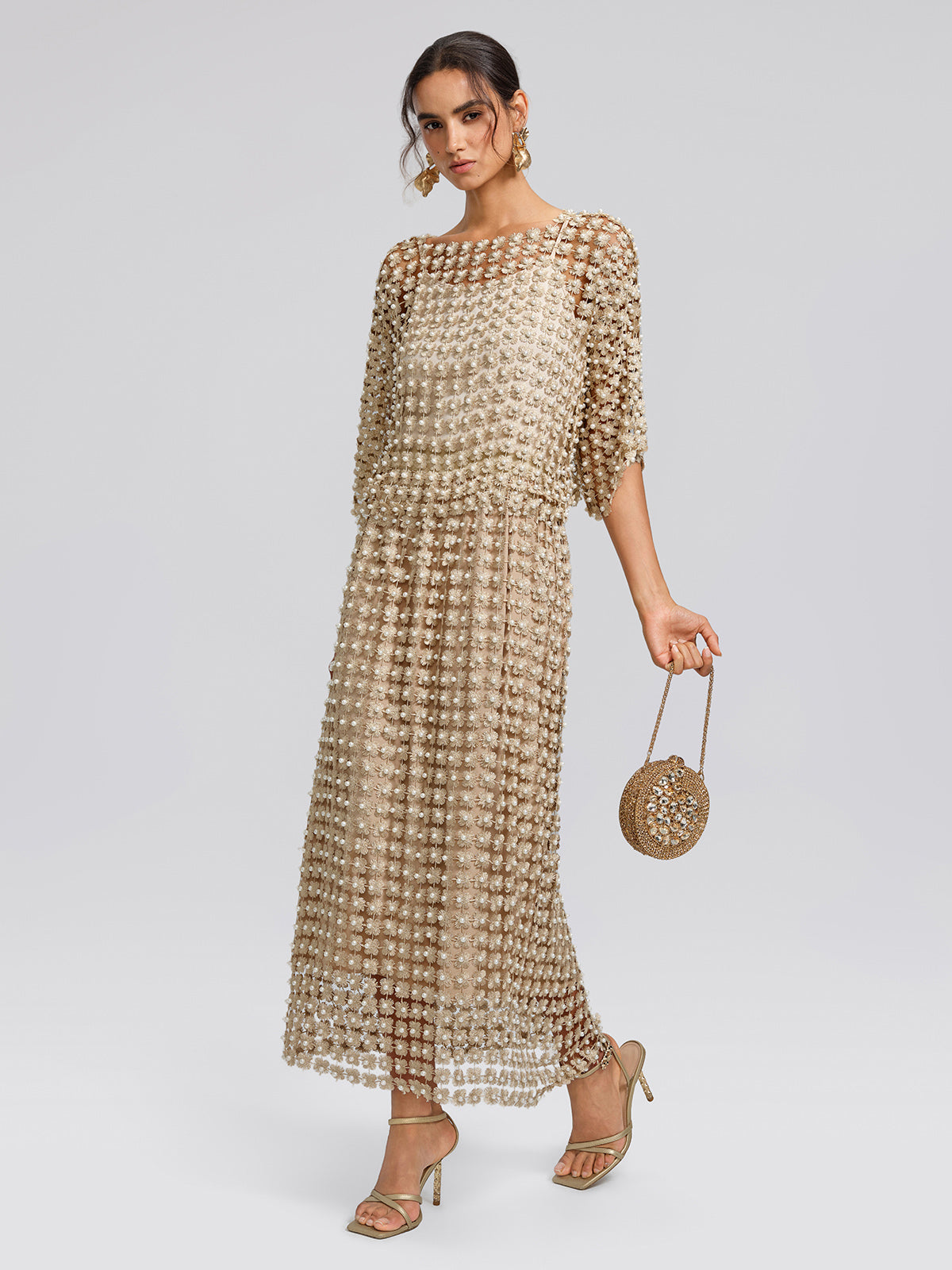 Floral Pearl-Embellished Elastic-Waist Skirt