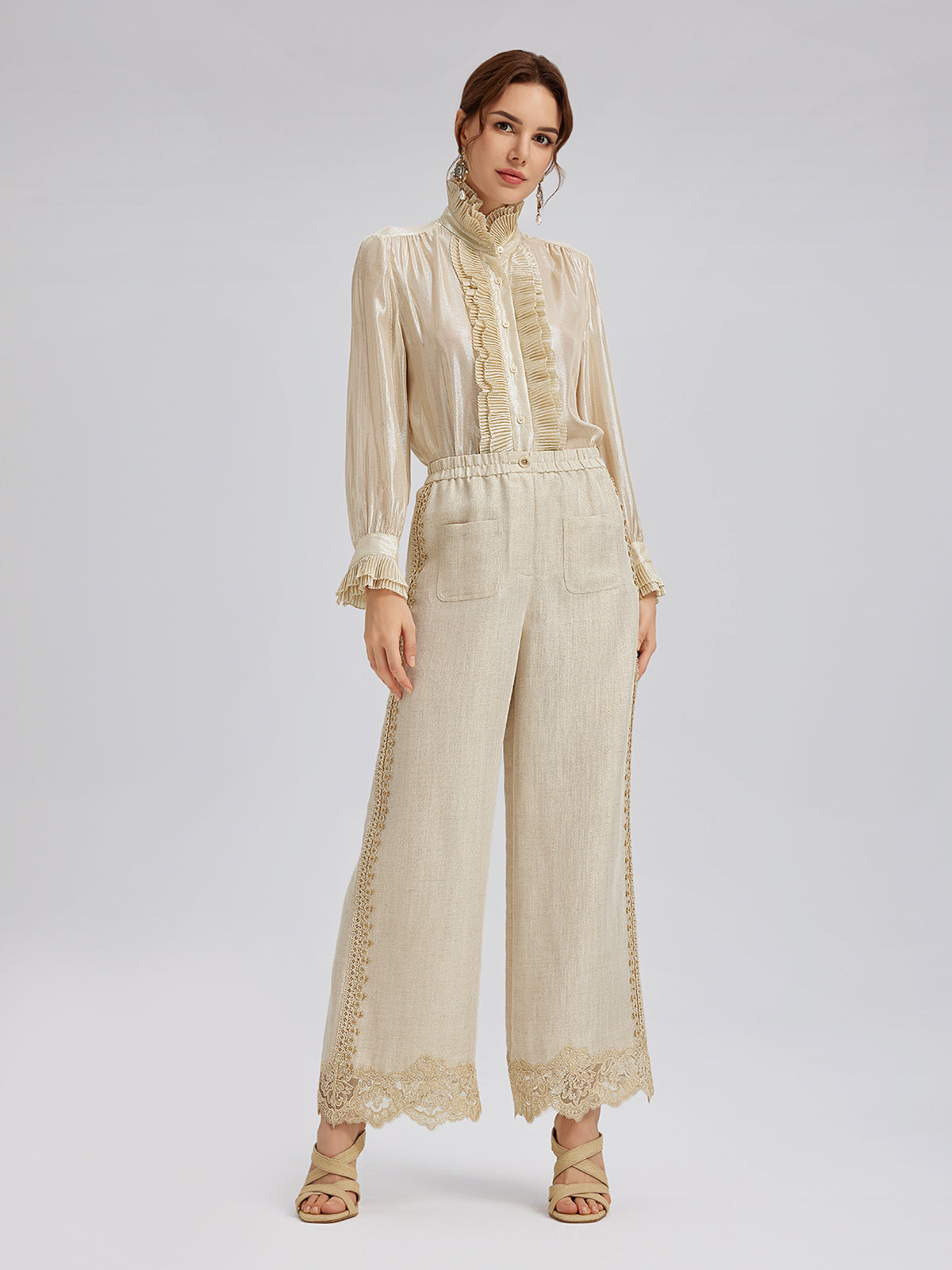 Silk Metallic-Sheen Pleated Shirt