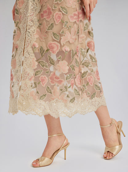 Appliqué Floral Lace Trim Velvet Dress (Belt Included)