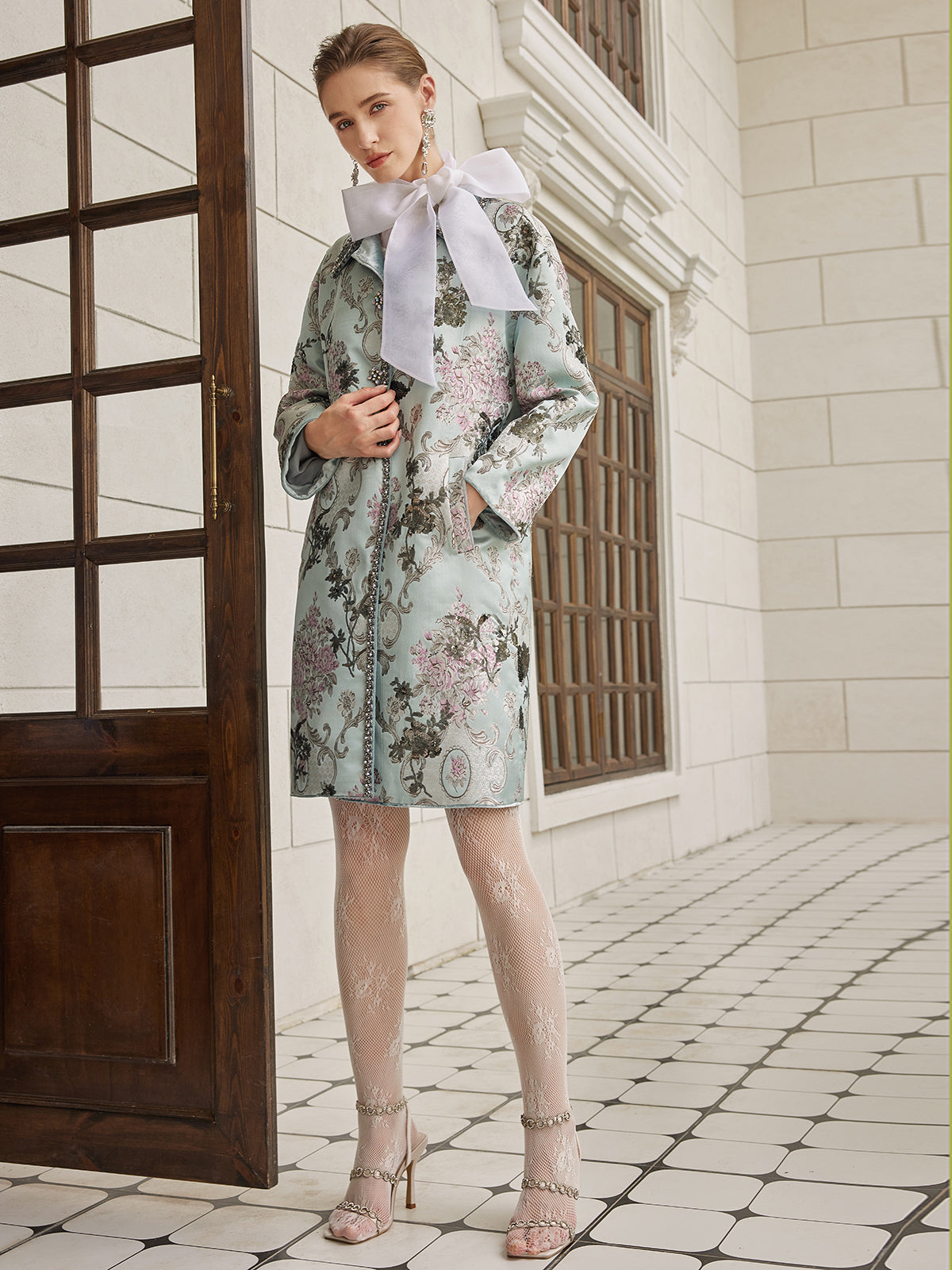 Hand-Beaded Sequined Floral Jacquard Jacket