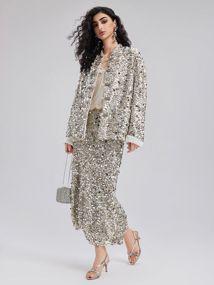 Sequin-Embellished Beaded Button Jacket