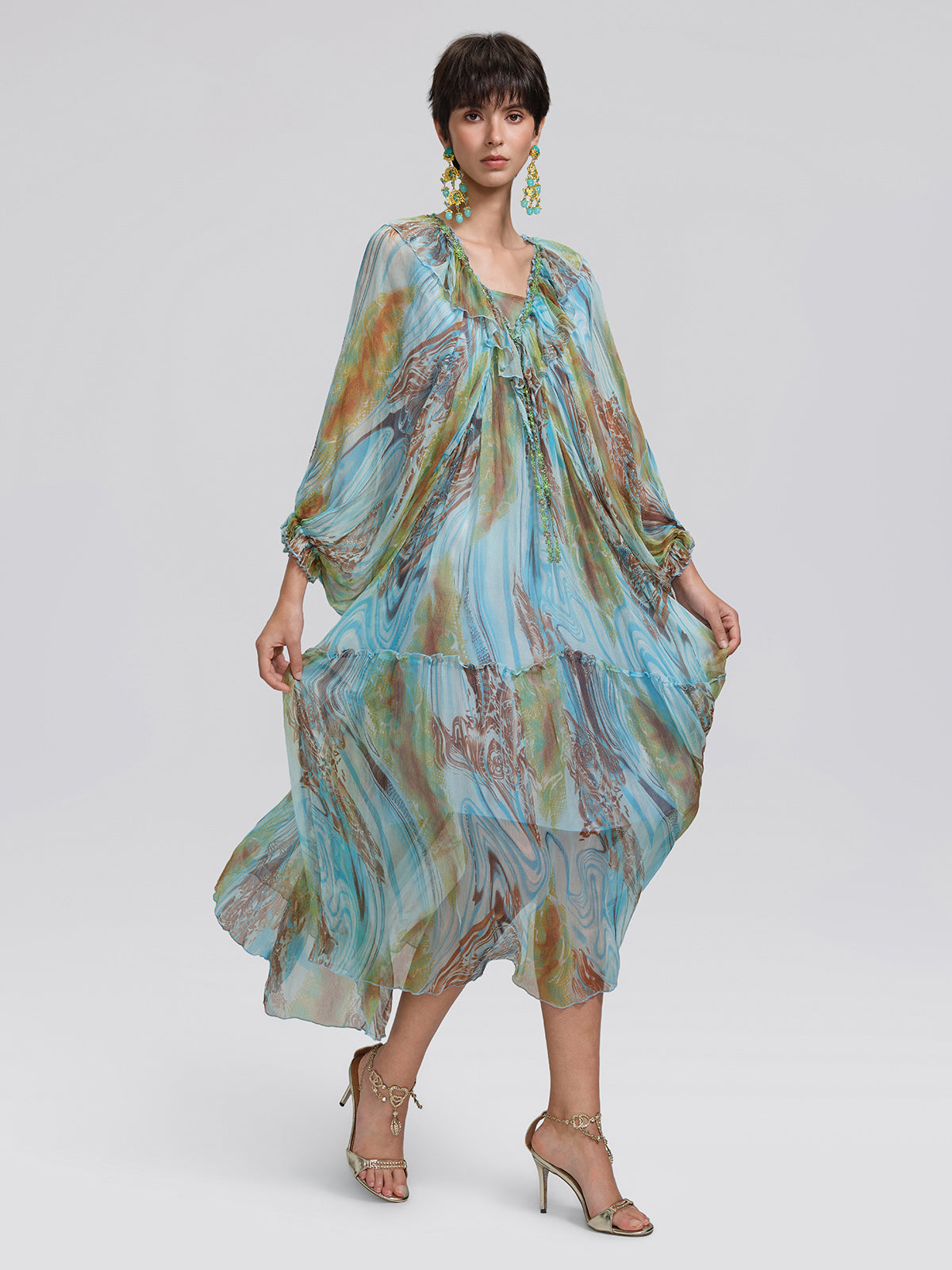 Silk Ombre Print Batwing Sleeve Dress