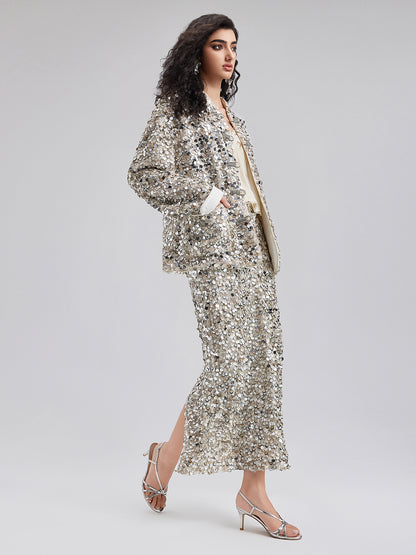 Sequin-Embellished Beaded Button Jacket