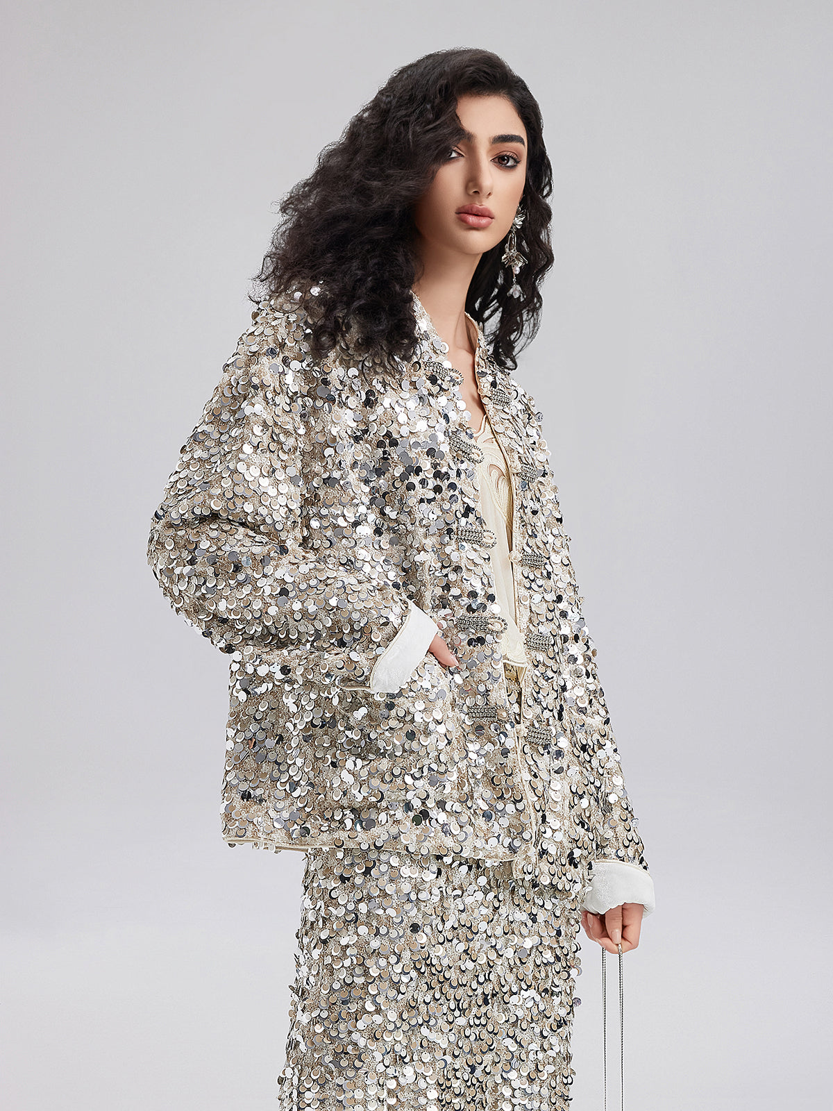 Sequin-Embellished Beaded Button Jacket