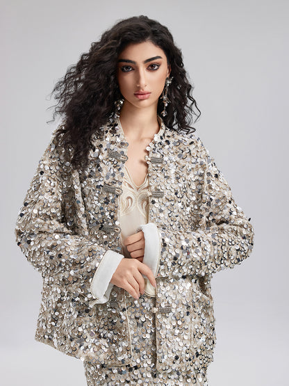 Sequin-Embellished Beaded Button Jacket