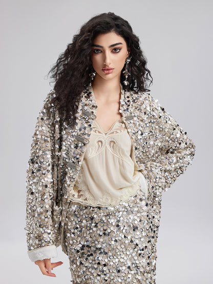 Sequin-Embellished Beaded Button Jacket