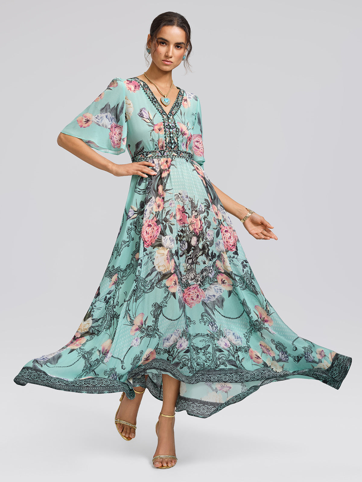 100% Silk Printed Flared-Sleeve Travel Resort Maxi Dress, GREEN / XL