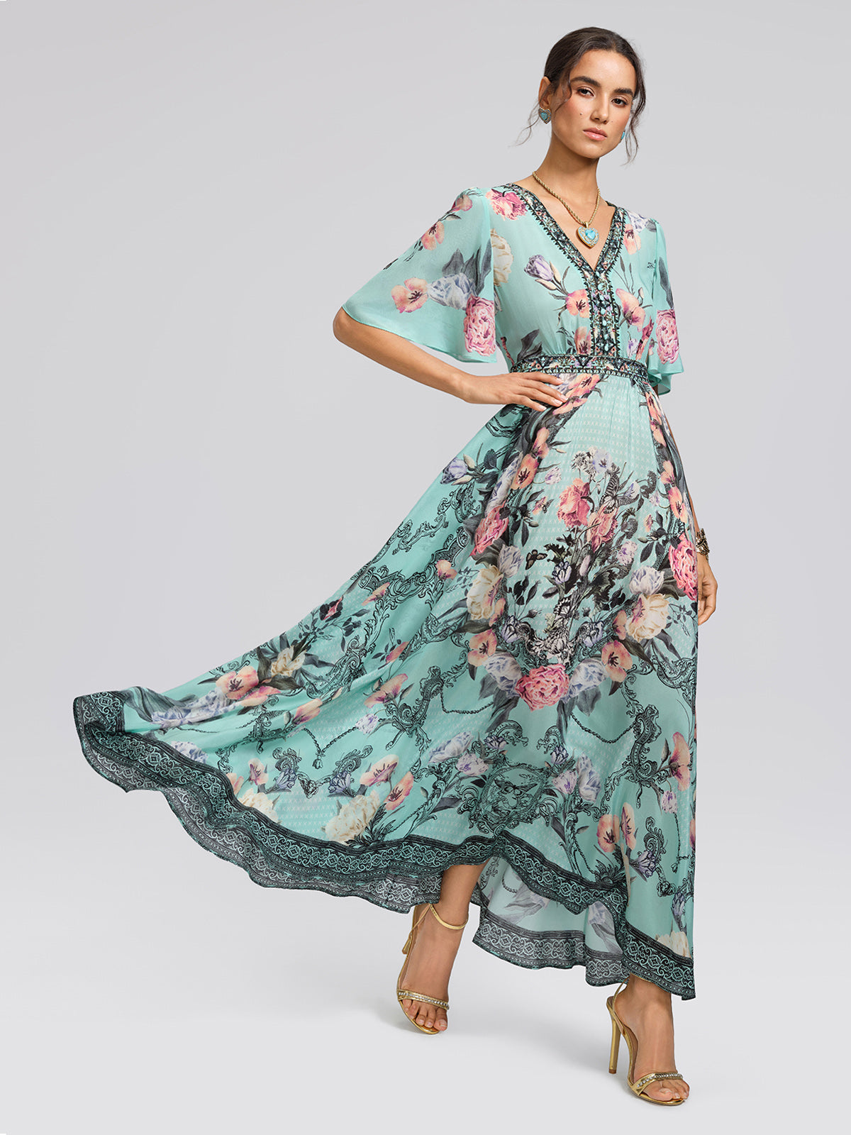 100% Silk Printed Flared-Sleeve Resort Maxi Dress