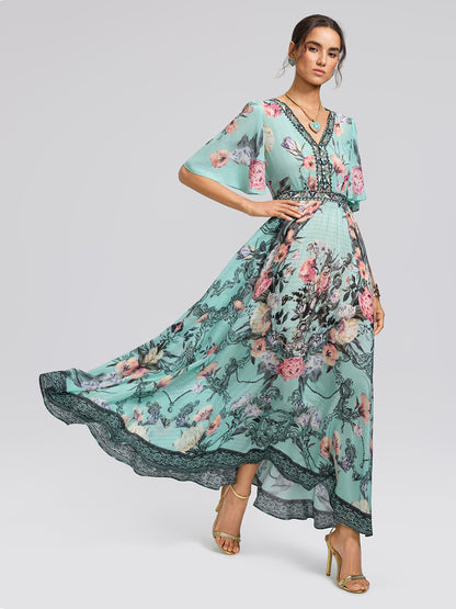 100% Silk Printed Flared-Sleeve Resort Maxi Dress