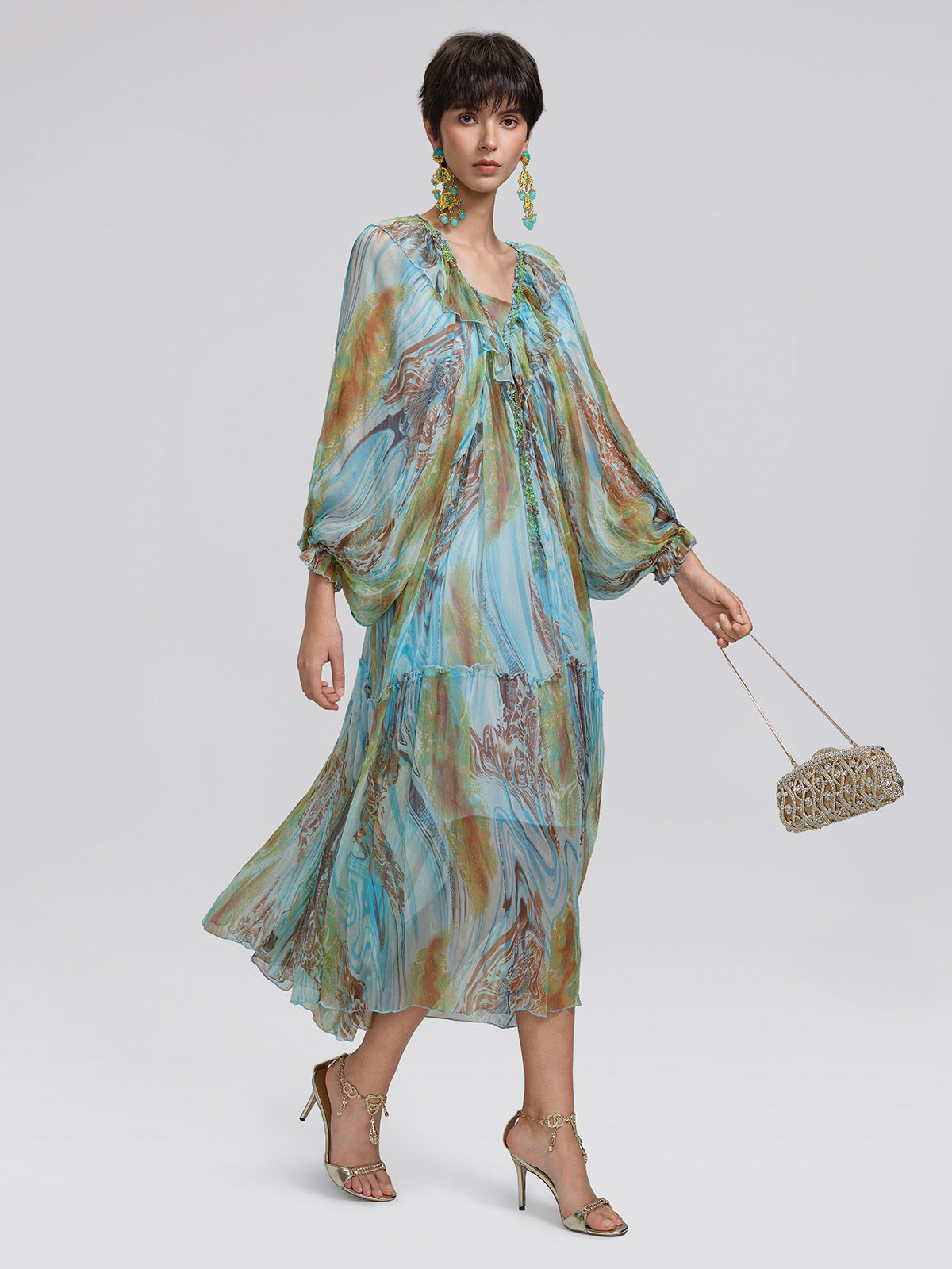 Silk Ombre Print Batwing Sleeve Dress
