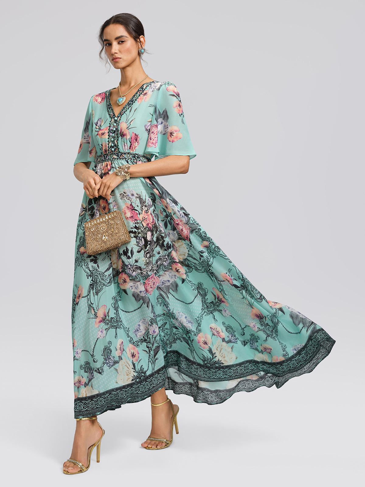 100% Silk Printed Flared-Sleeve Travel Resort Maxi Dress, GREEN / XL