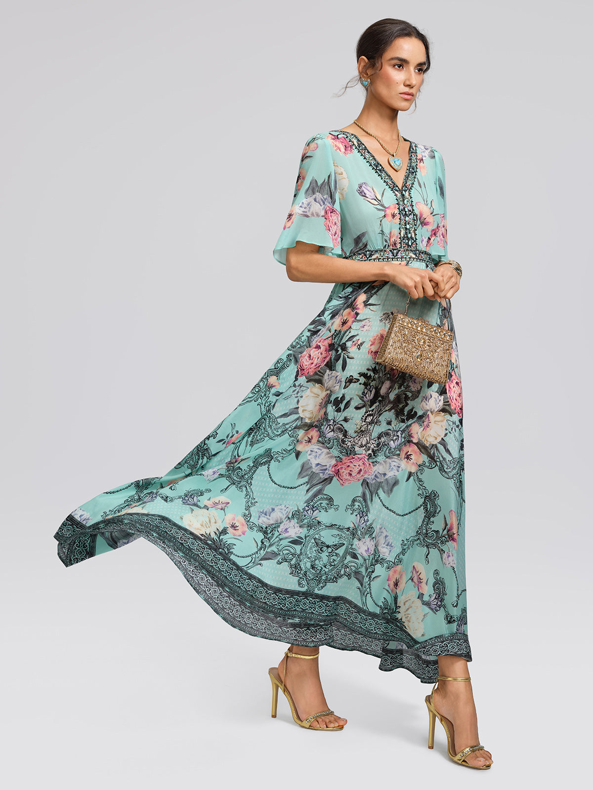100% Silk Printed Flared-Sleeve Travel Resort Maxi Dress, GREEN / XL