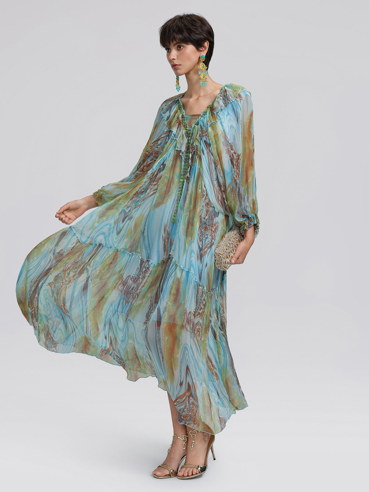 Silk Ombre Print Batwing Sleeve Dress