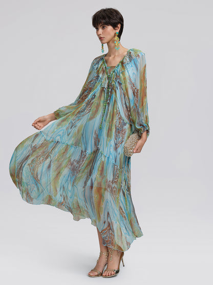 Silk Ombre Print Batwing Sleeve Dress