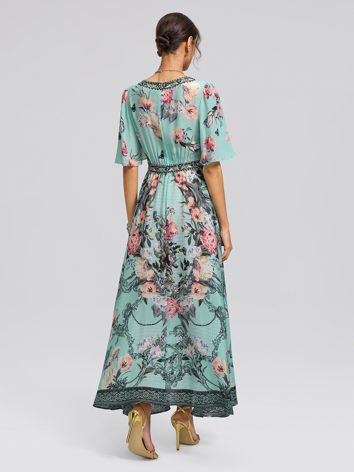 100% Silk Printed Flared-Sleeve Resort Maxi Dress