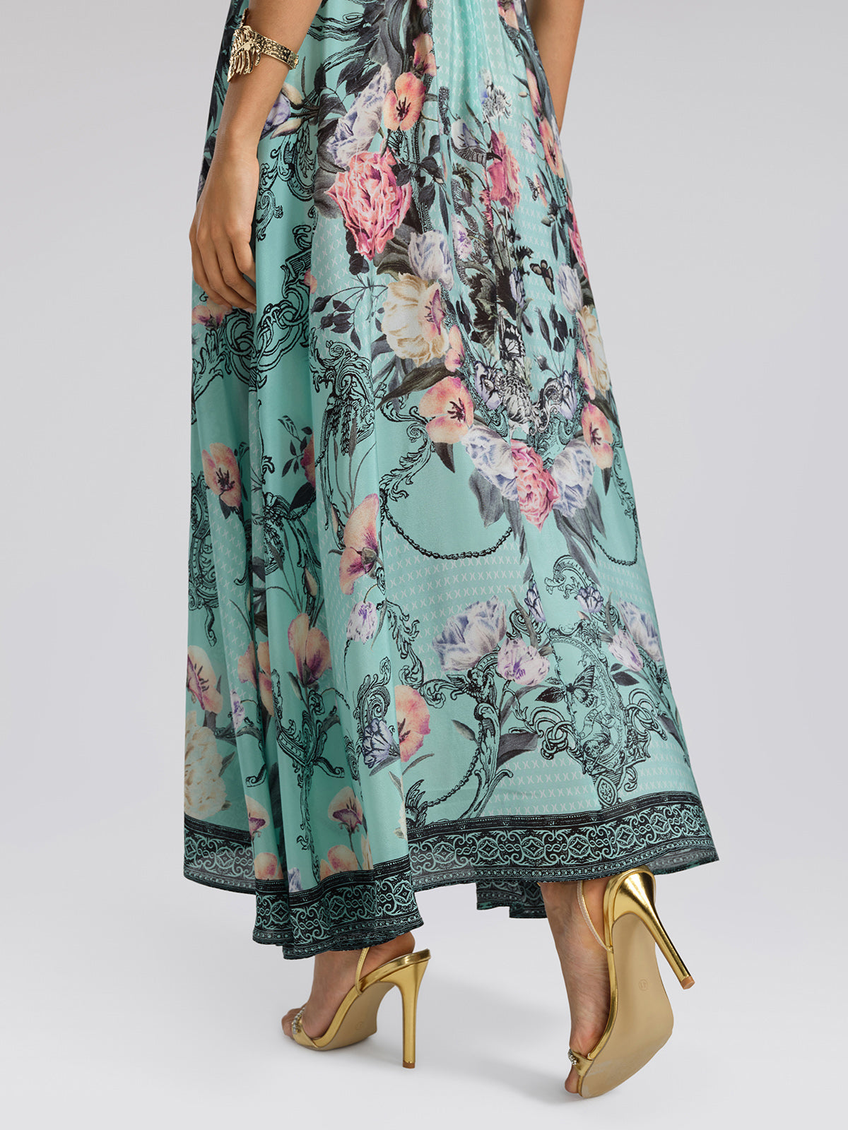 100% Silk Printed Flared-Sleeve Resort Maxi Dress