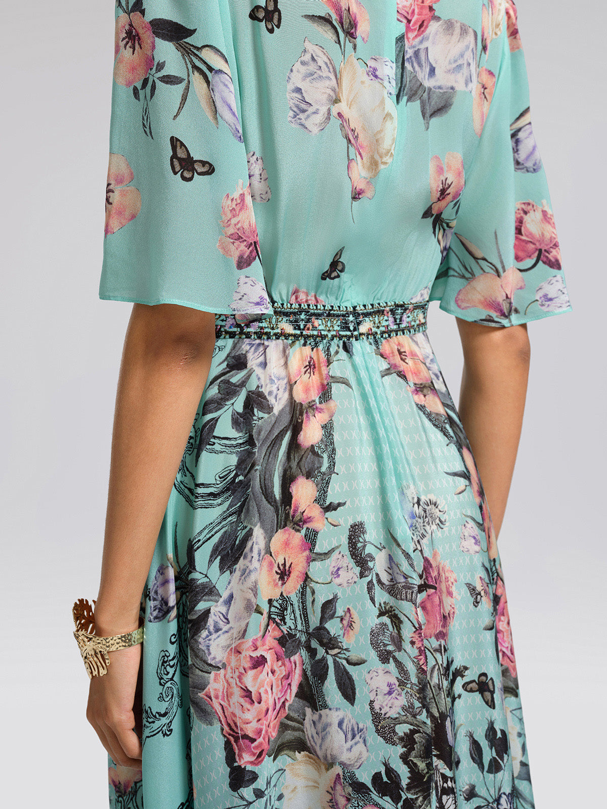 100% Silk Printed Flared-Sleeve Resort Maxi Dress
