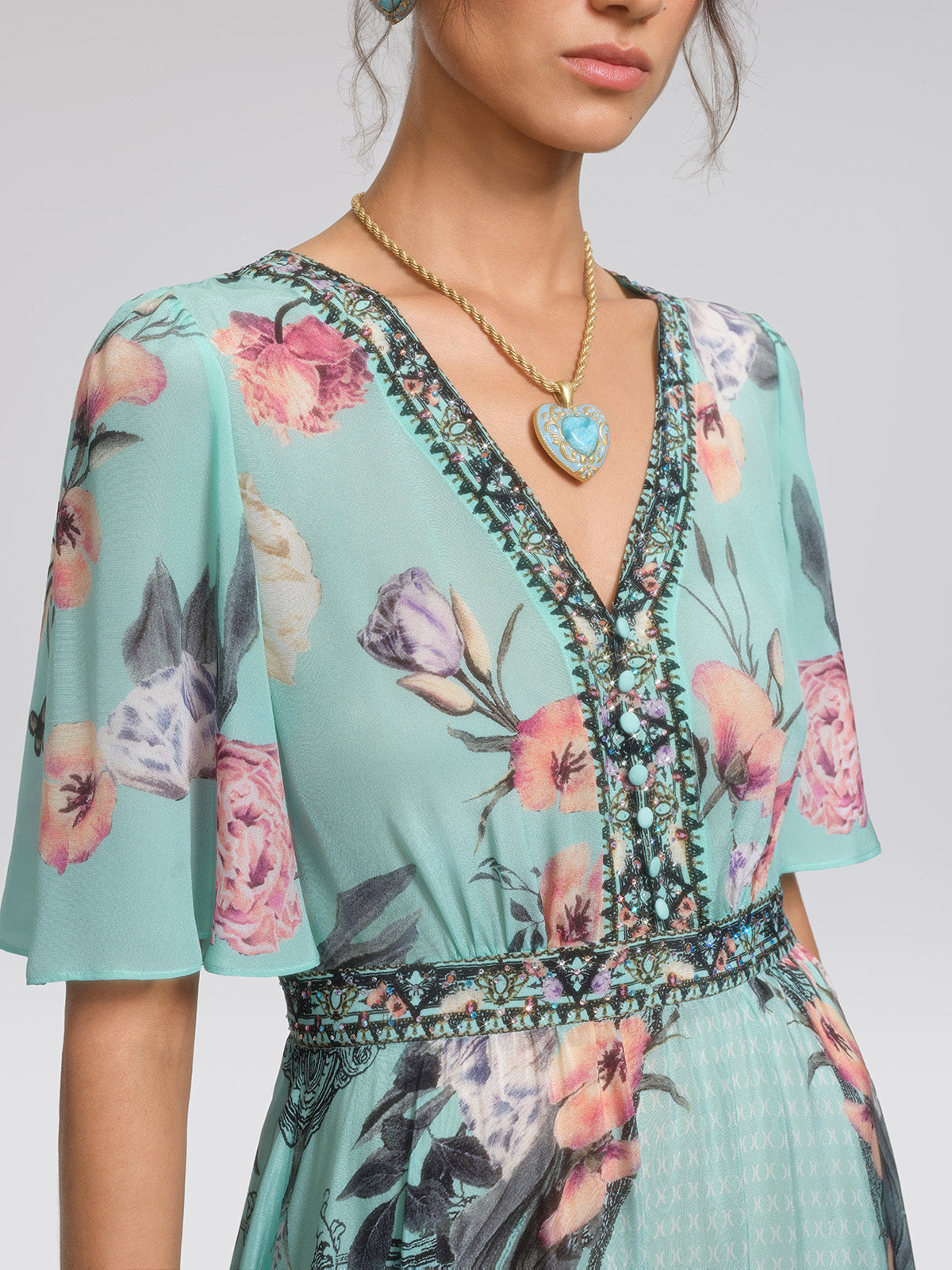 100% Silk Printed Flared-Sleeve Resort Maxi Dress