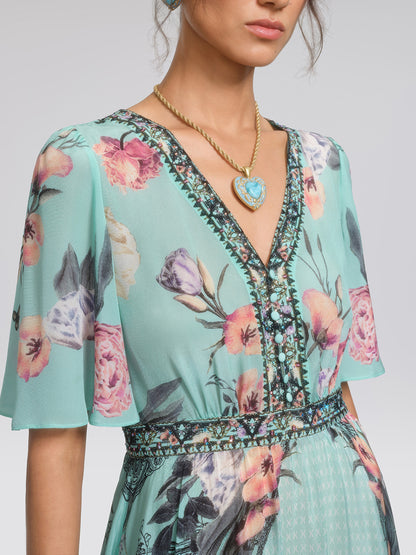 100% Silk Printed Flared-Sleeve Resort Maxi Dress