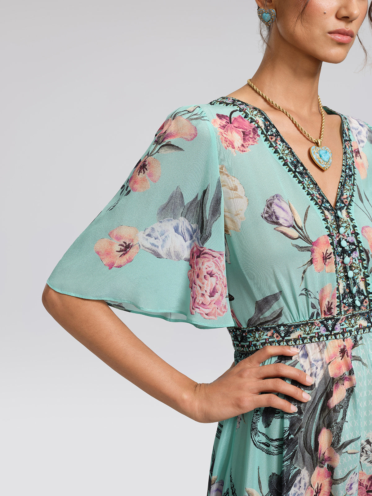 100% Silk Printed Flared-Sleeve Resort Maxi Dress