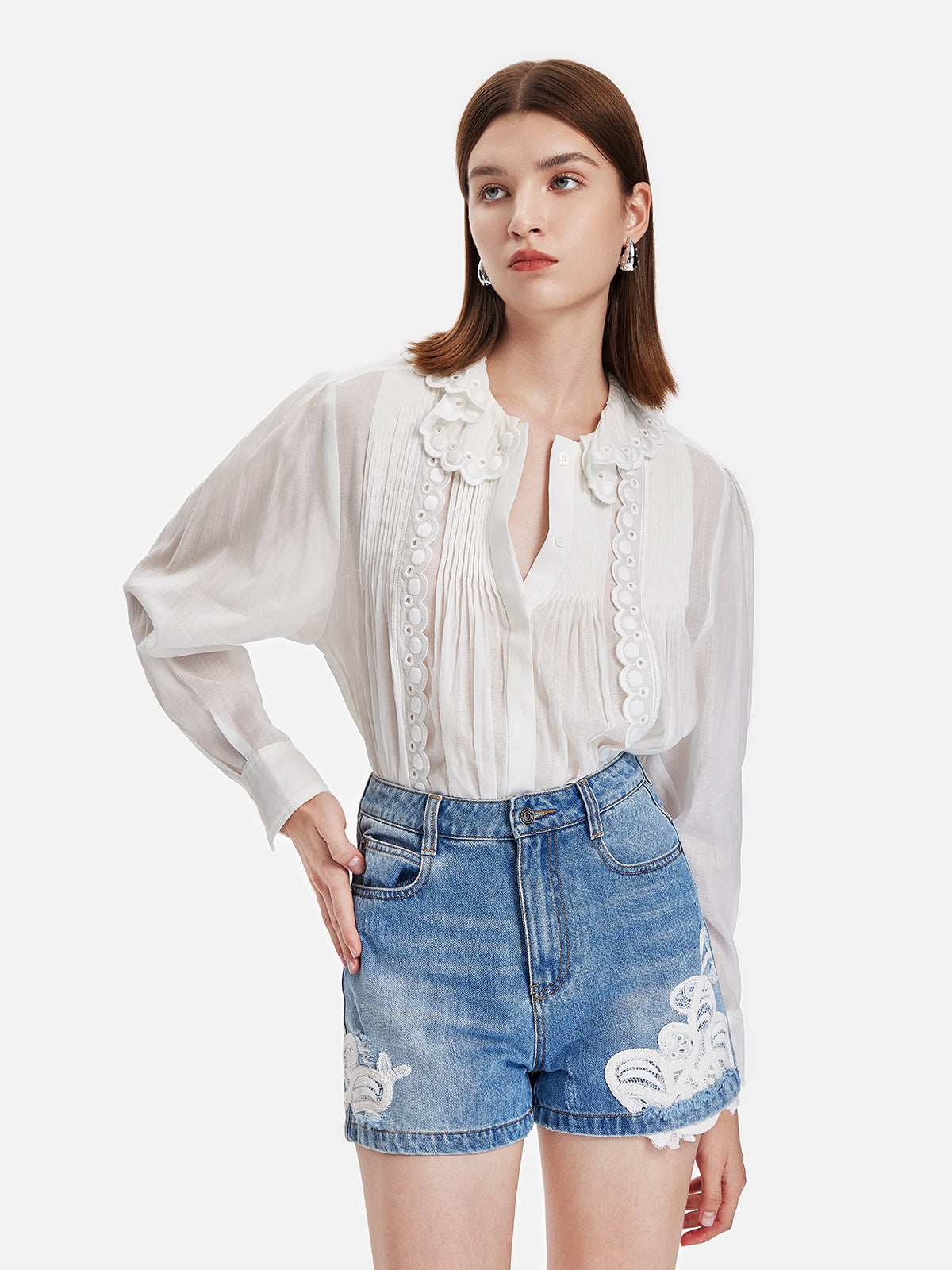 Pleated Ruffle Hollow Embroidery Shirt