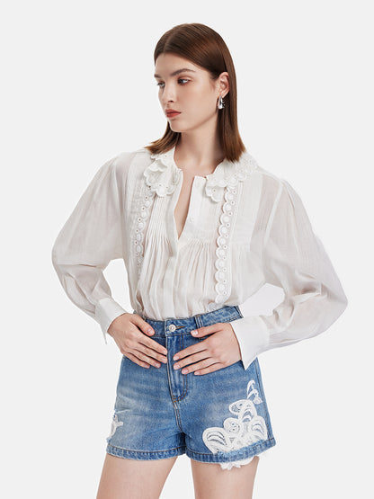 Pleated Ruffle Hollow Embroidery Shirt