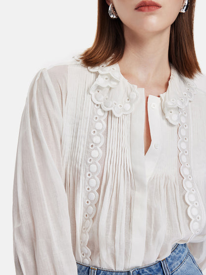 Pleated Ruffle Hollow Embroidery Shirt