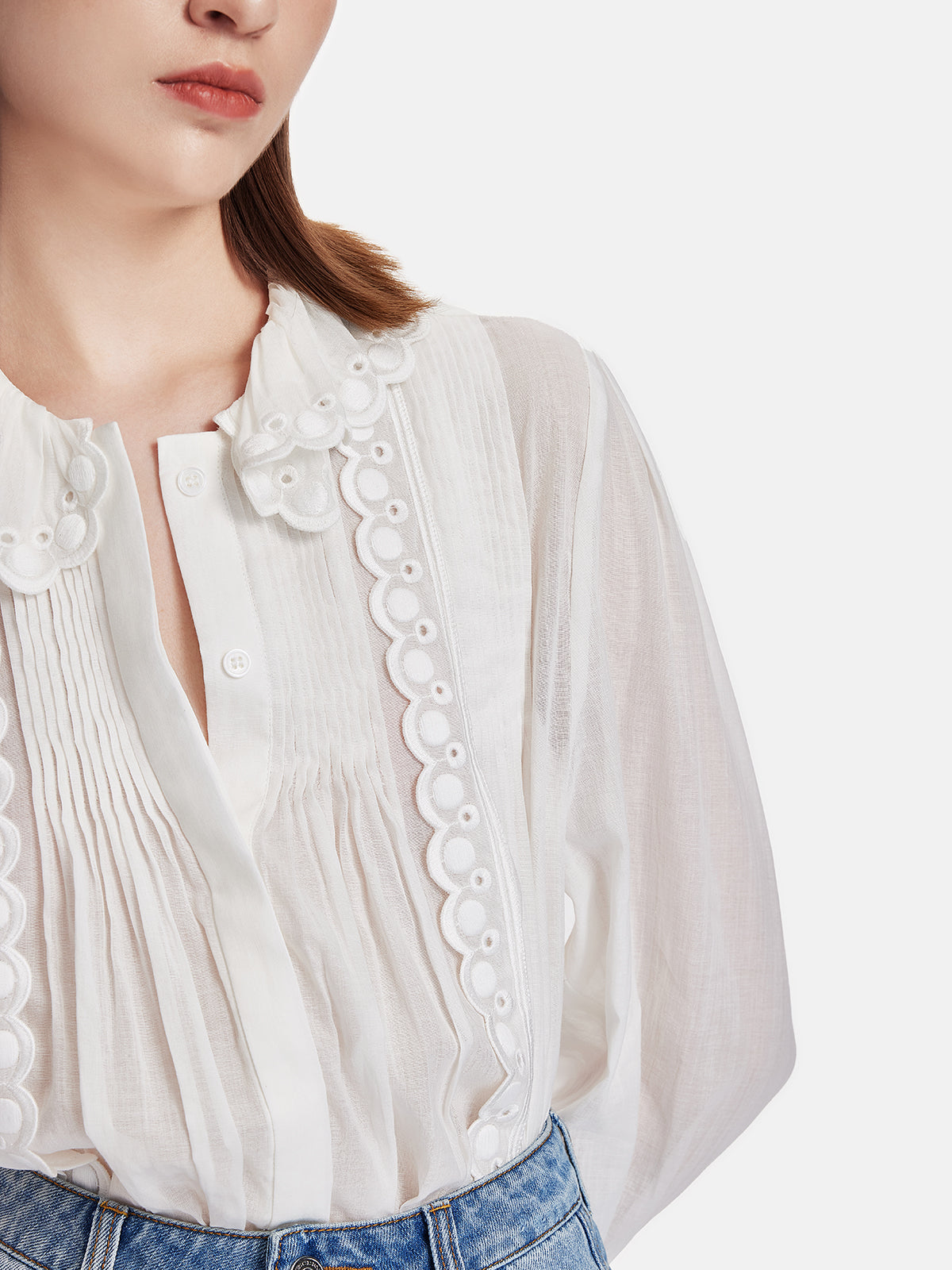 Pleated Ruffle Hollow Embroidery Shirt