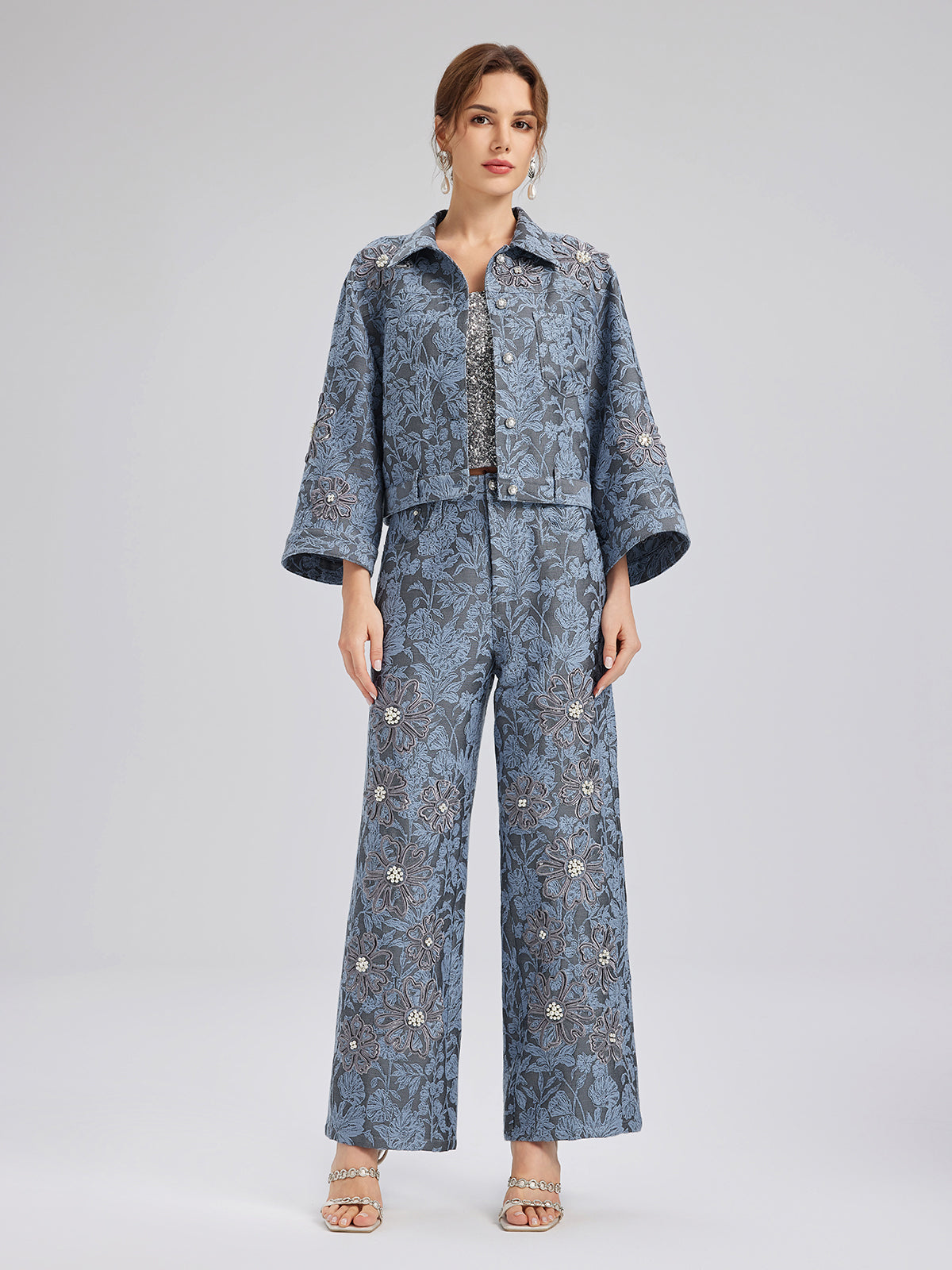 Jacquard Laser-Cut Crystal-Embellished Pants