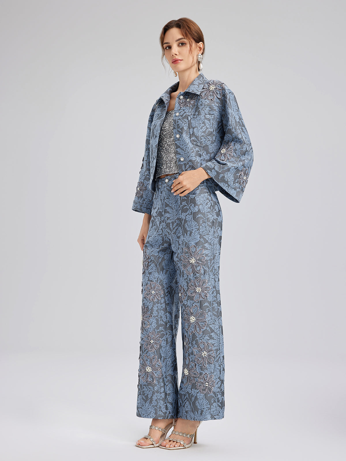 Jacquard Laser-Cut Crystal-Embellished Pants