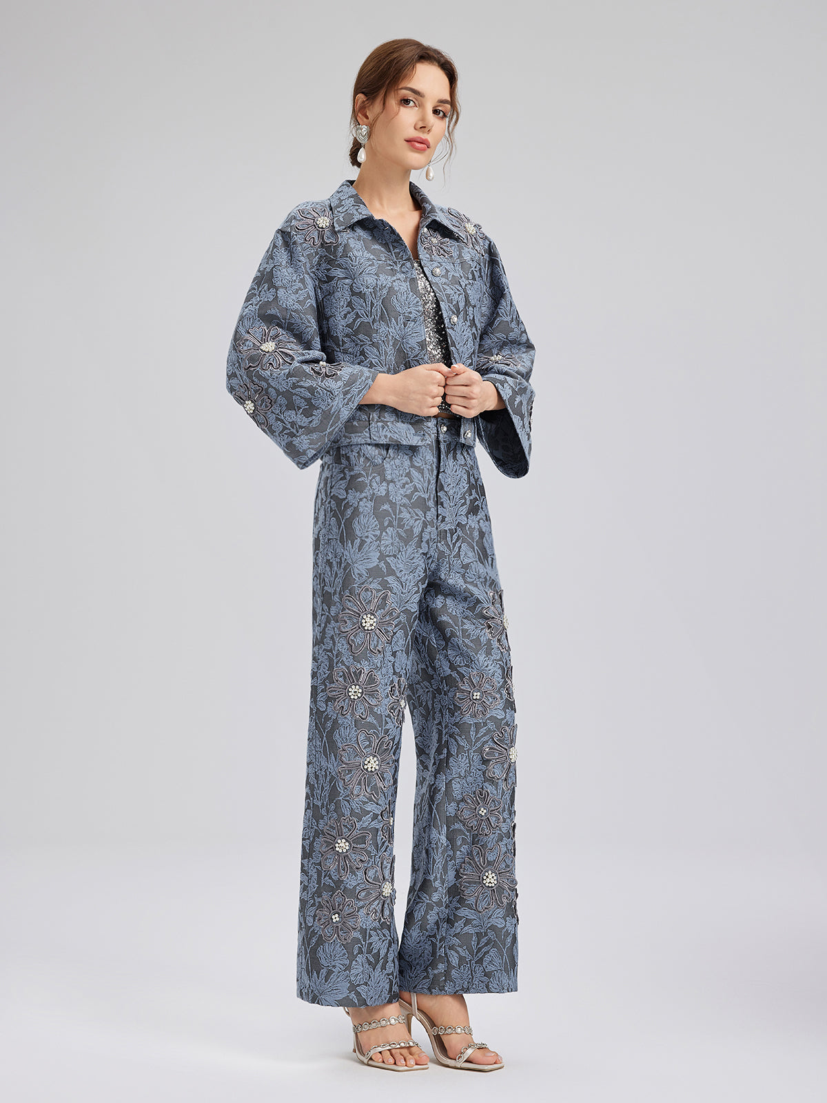 Jacquard Laser-Cut Crystal-Embellished Pants