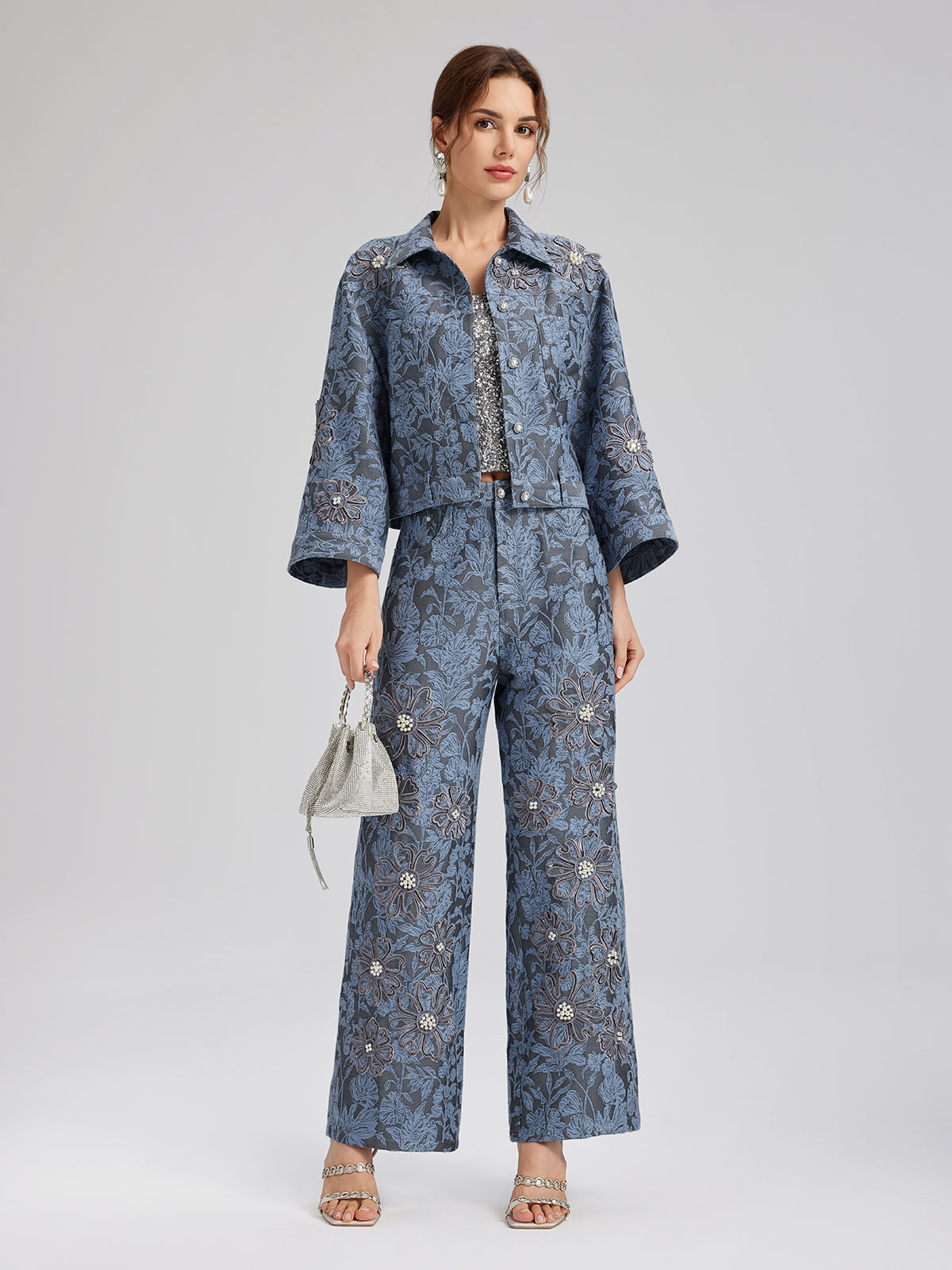 Jacquard Laser-Cut Crystal-Embellished Pants