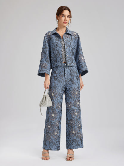 Jacquard Laser-Cut Crystal-Embellished Pants