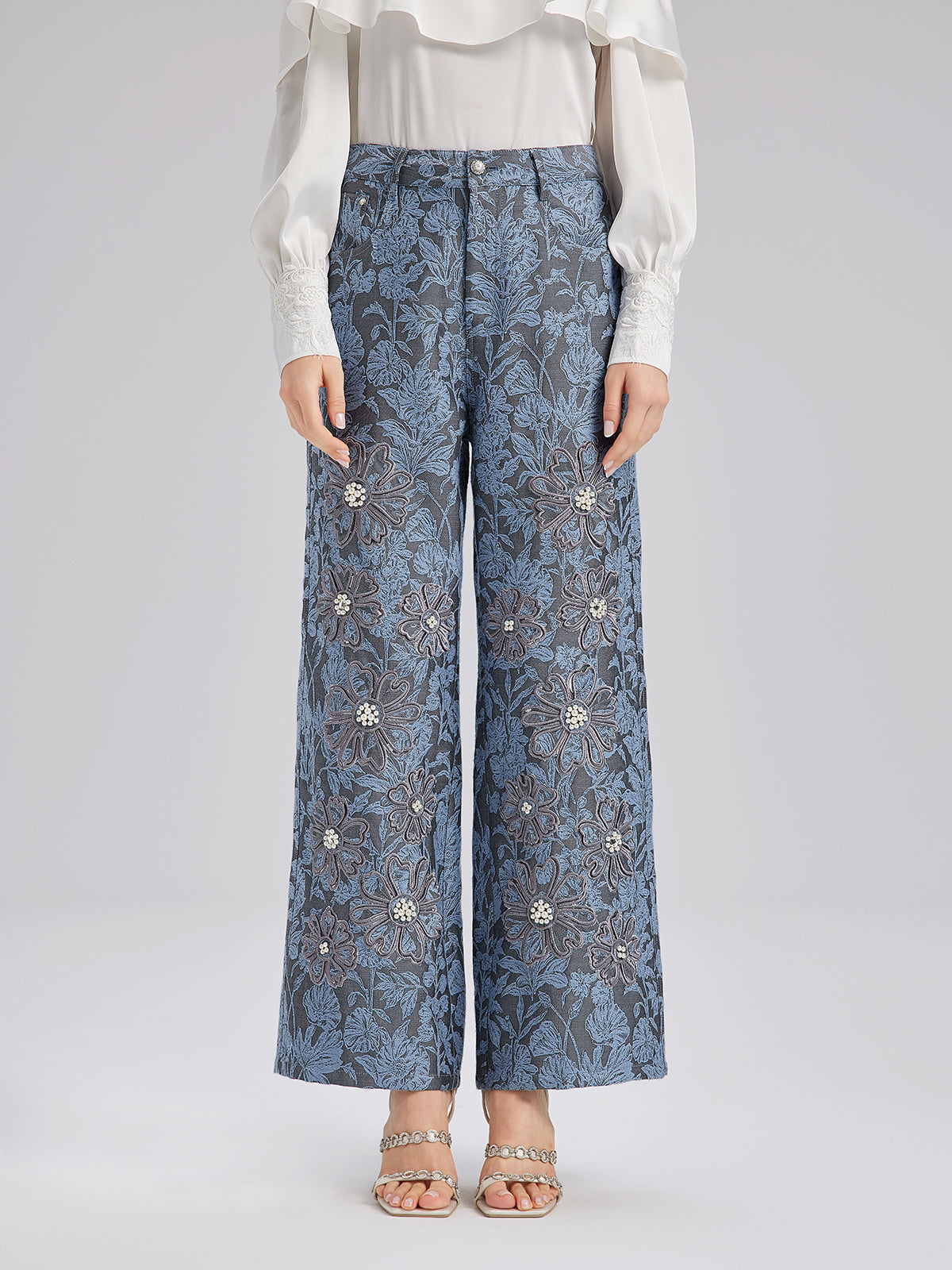 Jacquard Laser-Cut Crystal-Embellished Pants