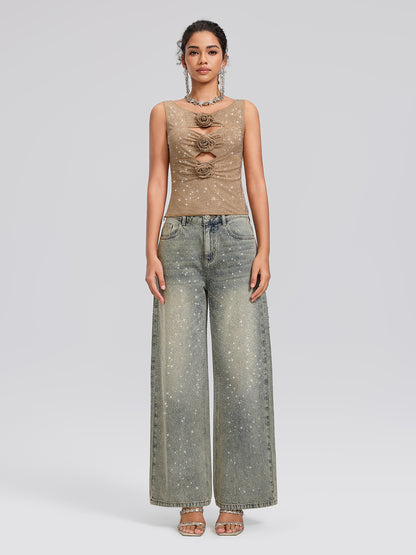 Rhinestone Washed Denim Straight-Leg Pants