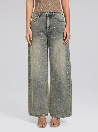 Rhinestone Washed Denim Straight-Leg Pants