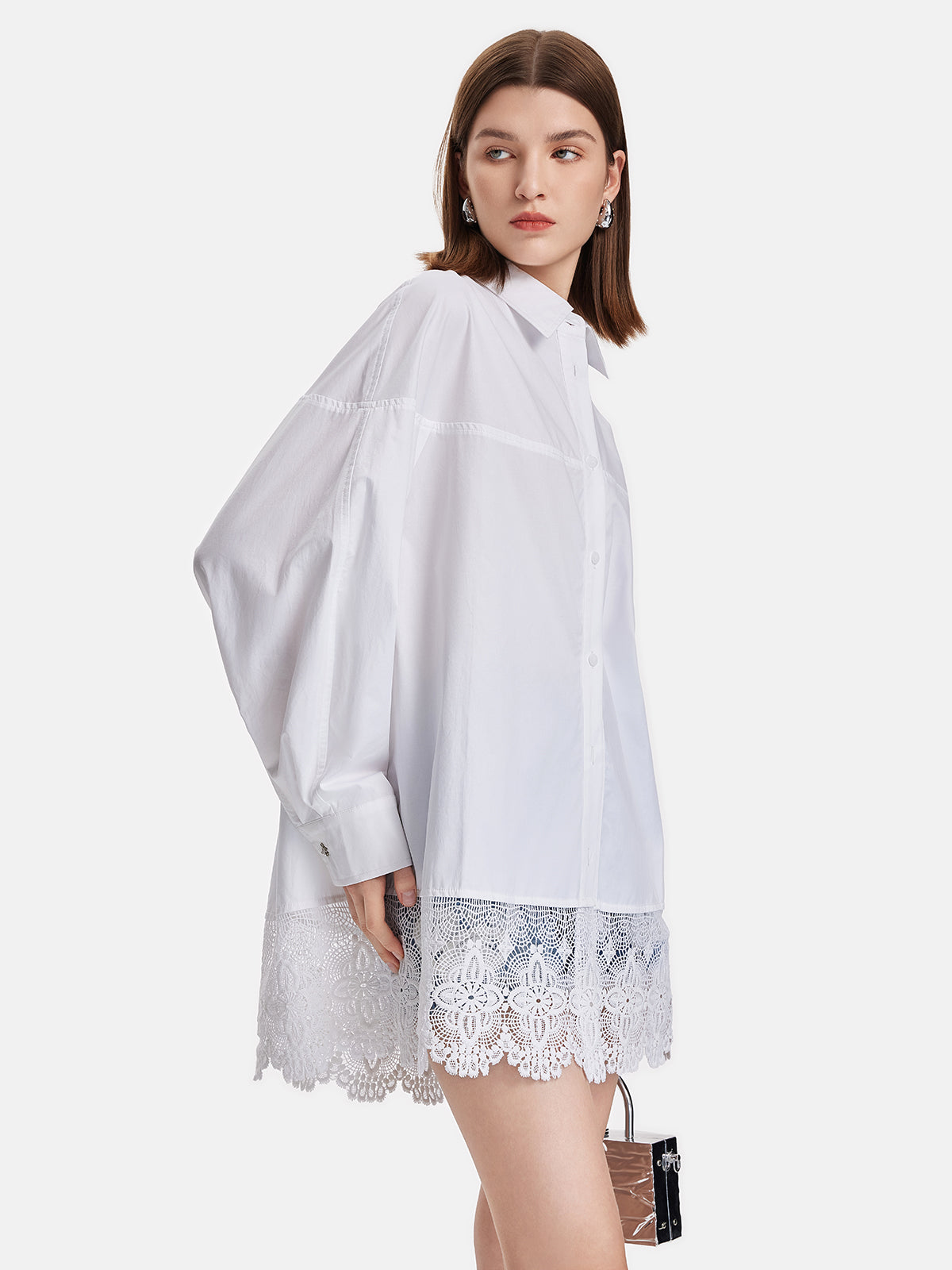 Lace Trim Oversized Long Shirt