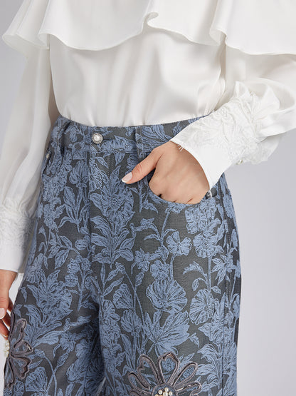 Jacquard Laser-Cut Crystal-Embellished Pants
