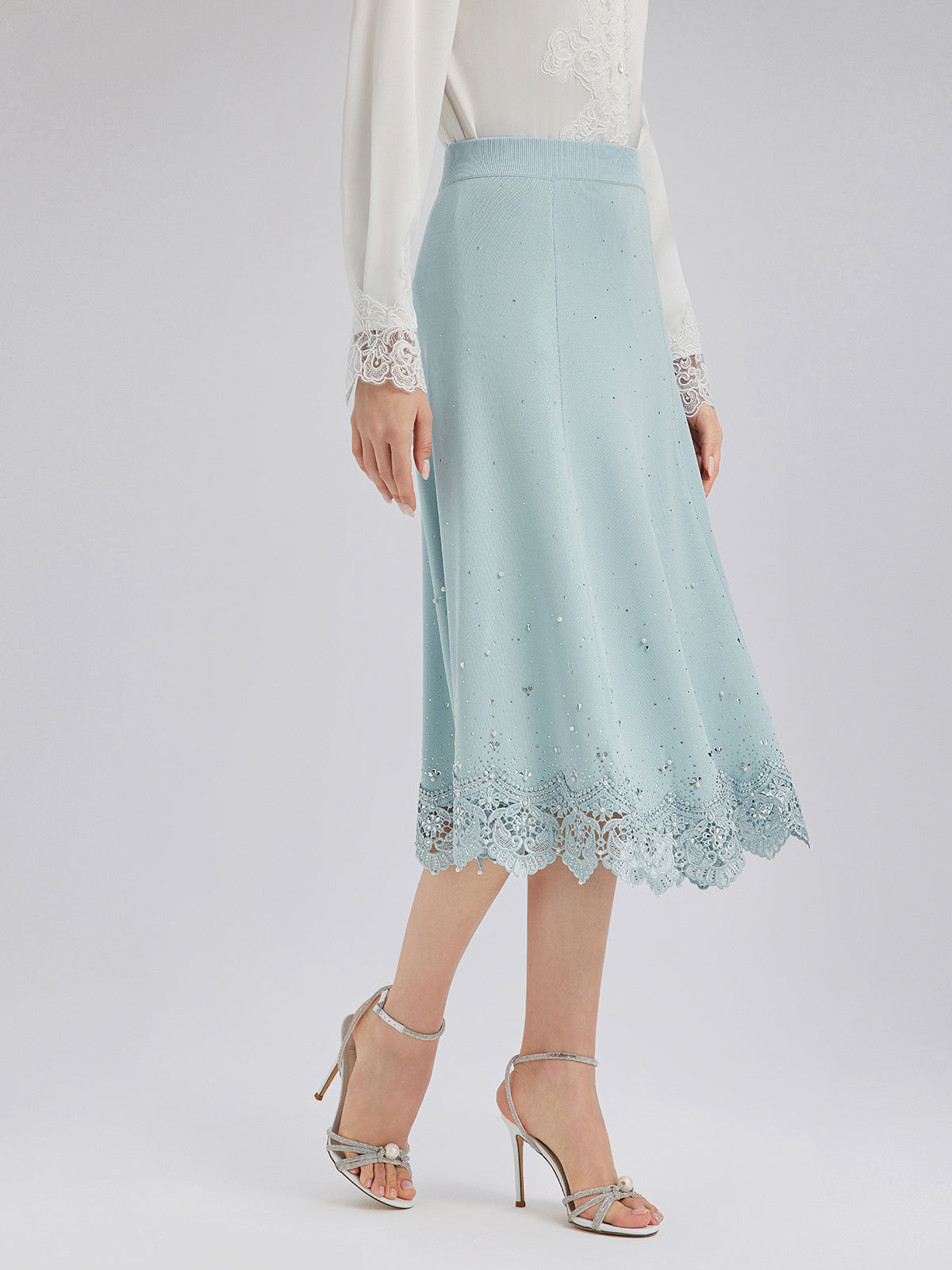 Rhinestone Lace Knit Elasticated Skirt