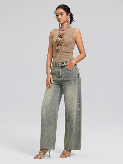 Rhinestone Washed Denim Straight-Leg Pants