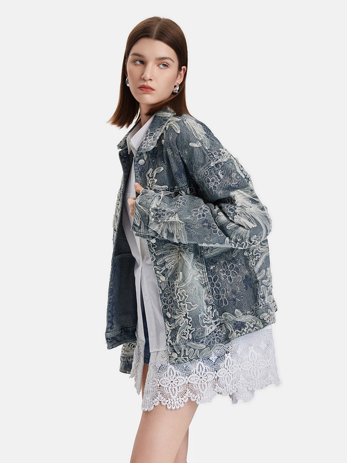 Embroidered Lace Beaded Denim Jacket