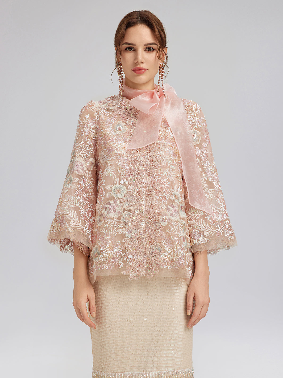 Sequin-Embroidered Detachable-Tie Jacket